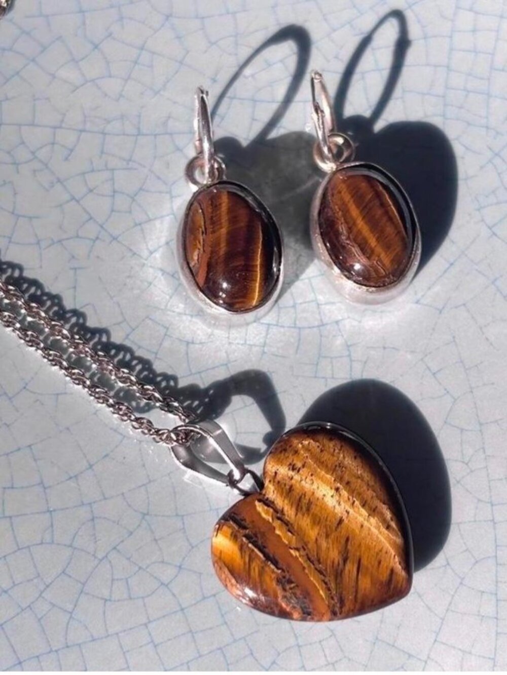 Tiger’s Eye Gemstone Necklace + Matching Drop Earrings | 925 Sterling Silver